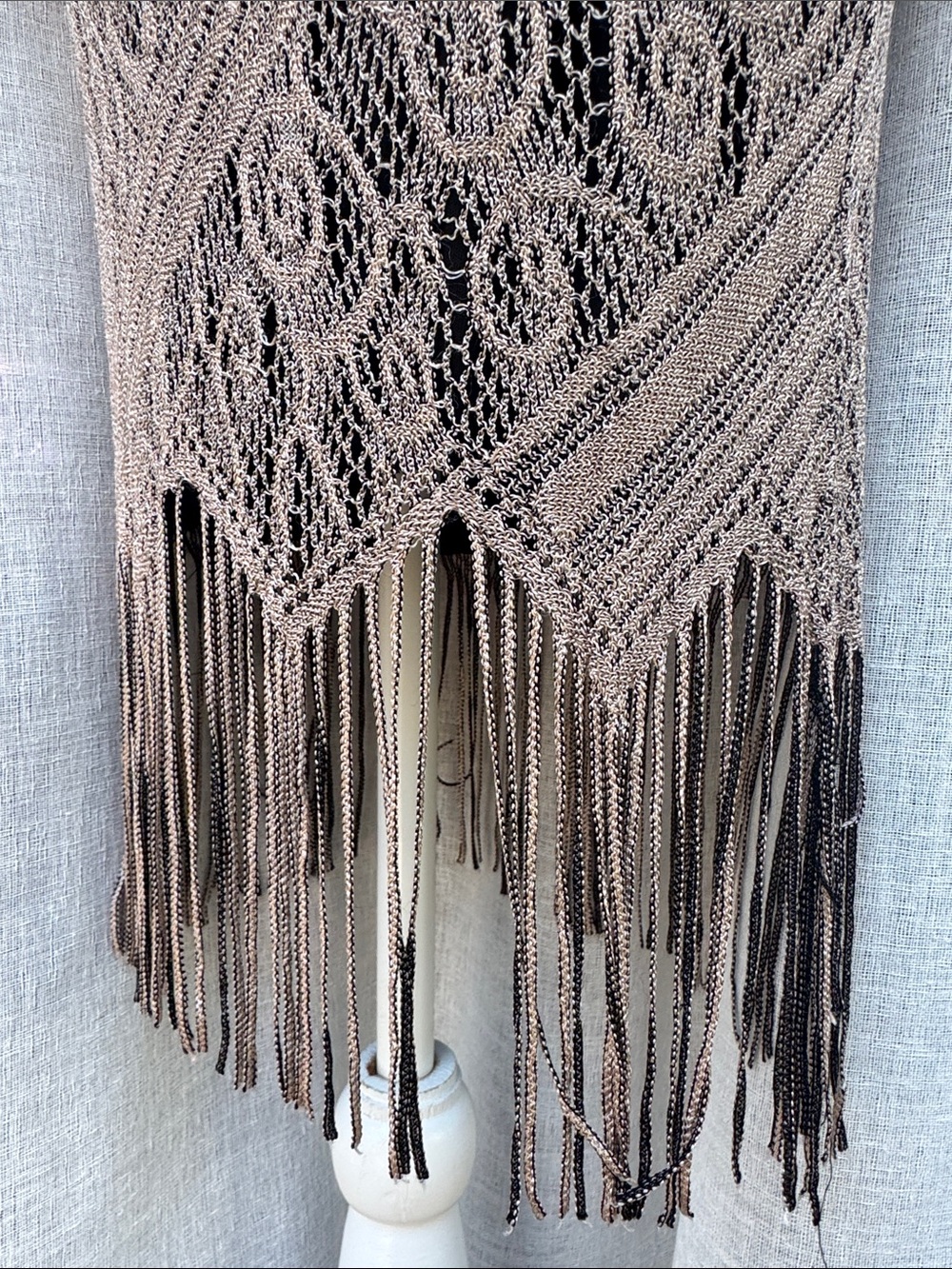 1990 Double Fault sleeveless taupe black mini dress diagonal lace fringe hem - Picture 3 of 8